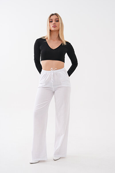 Noravelle Women's White High Waist Loose Fit Linen Blend Palazzo Pants