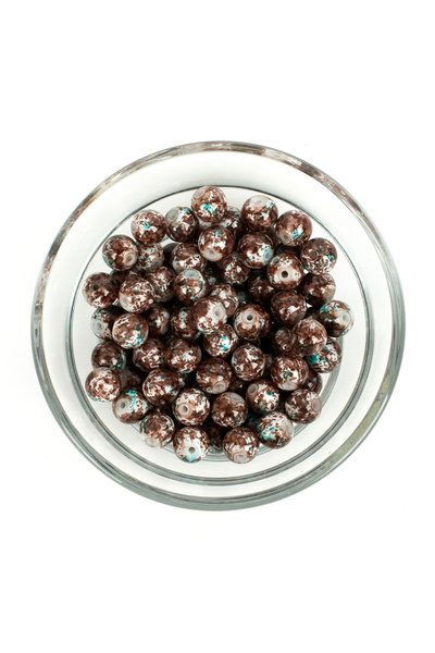 yfhobi 25 Gram- 8 mm Kahve-Beyaz Renk Ebruli Desenli Yuvarlak Cam Boncuk, 1.K...