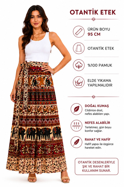 İDOL GİYİM Women's Authentic Skirt 100% Cotton Ethnic Patterned Tie-Up Long S...