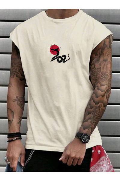 SUNFREE Dragon Printed Zero Sleeve Sportswear Men's Sleeveless Tshirt
