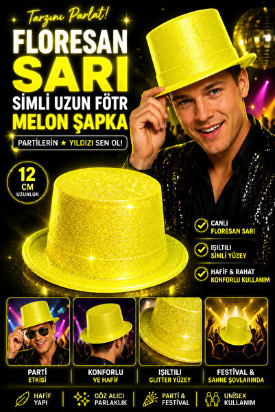Tamsena Store Floresan Sarı Simli Uzun Fötr Melon Parti Şapkası – Neon Glitte...