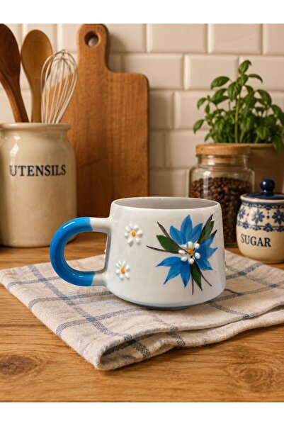 Fincan Doğa Esintili Maviş El Boyaması Floral Kahve Kupası