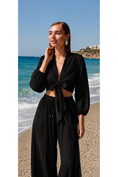 NA ADDESIGN Viscose Tie Crop Blouse Summer Women's Blouse with Black and Whit...