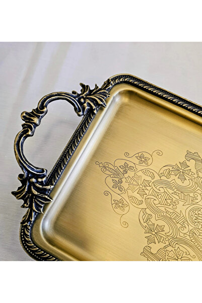 MaviDamla Cast Metal Frame Rectangular Tray with Handle 34*14 Antique