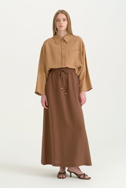 Nihan Elastic Waist Linen Skirt - Brown