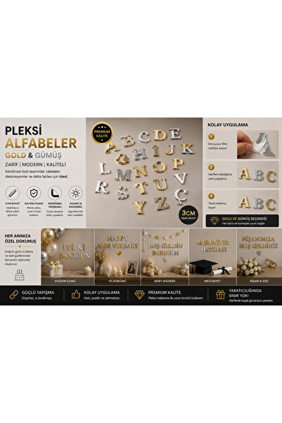PARTİADA PLEKSİ AKRİLİK ALFABE HARFLER (GOLD VE GÜMÜŞ SEÇENEKLERİYLE)