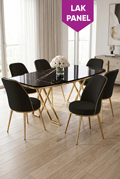 Canisa Peras Serisi 90x160 Lak Panel Siyah Mermer Desen Gold Ayaklı Masa Takı...