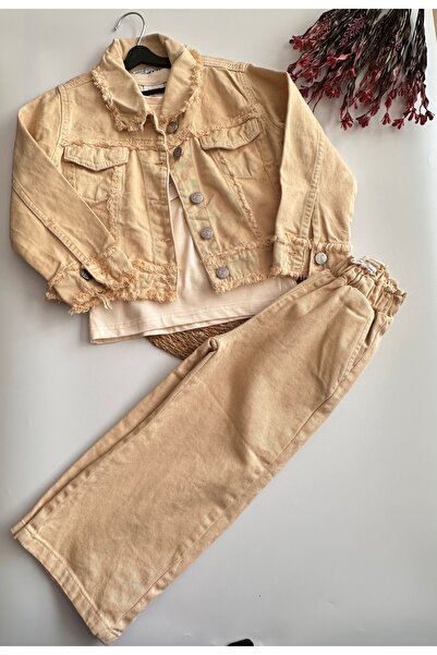 JABBER Beige 3-Piece Girls' Set – Denim Jacket with Tassel Detail, Basic T-Sh...