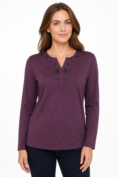 Desen Triko Women's Open Collar Floral Embroidered Combed Cotton Blouse 26714...