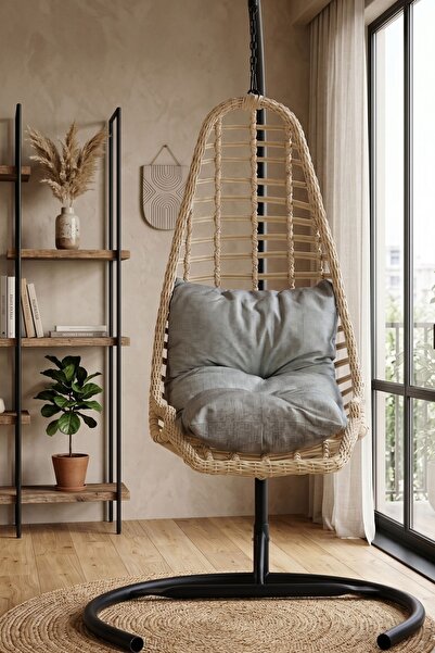 KalyonHome Relax Rattan Tek Kişilik Ayak Uzatmalı Balkon Bahçe Salıncağı