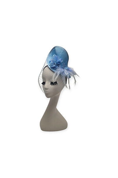 Miss Hat Pălărie elegantă din tafta bleu cu voaletă, flori și pene