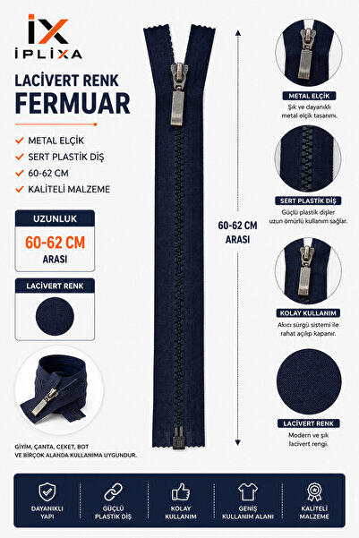 İPLİXA Lacivert Sert Plastik Diş Fermuar 60-62 CM Metal Elcikli Dayanıklı Mon...