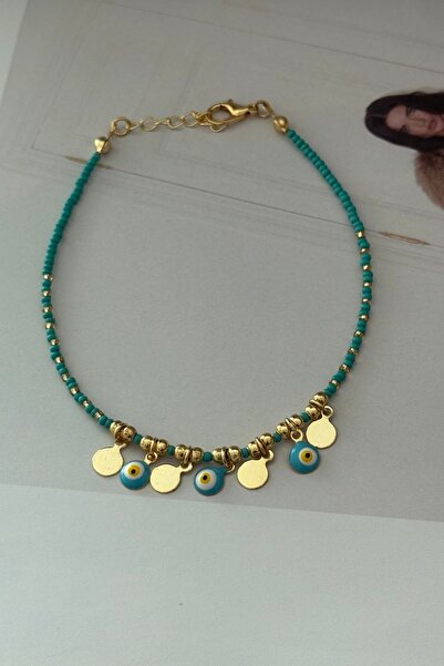 Trendy Butik Turquoise Stone Sequined Evil Eye Anklet
