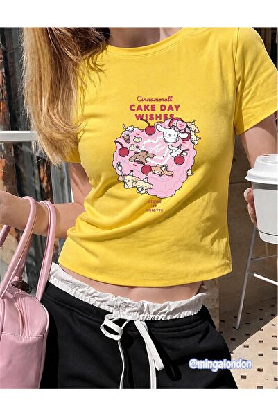 Minga London Cakeday Printed Yellow Belted Crop Top