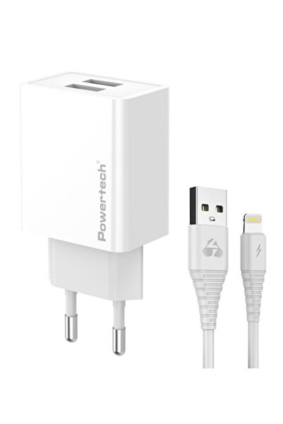 POWERTECH Φορτιστής με 2 θύρες USB-A και καλώδιο Lightning 12W Λευκός (PT-1325)