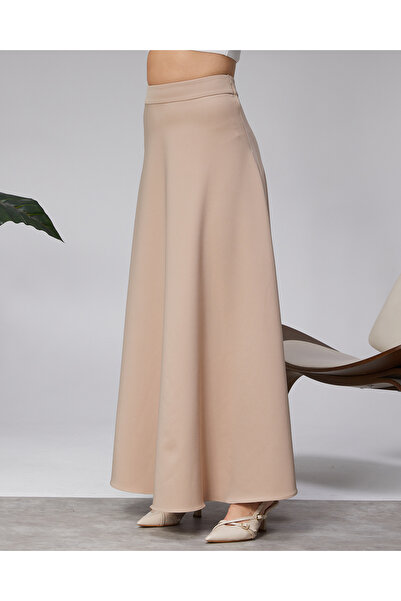 Modabenna Cream Dabıl Thick Crepe Fabric Long Skirt with Belt