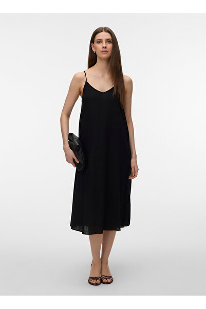 Vero Moda Siyah Kadın V Yaka Elbise VMJESMILO CALF SINGLET DRESS WVN NO