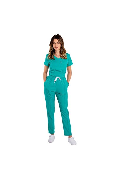 RUNI Turquoise green stretch medical suit with V-neck blouse and drawstring a...