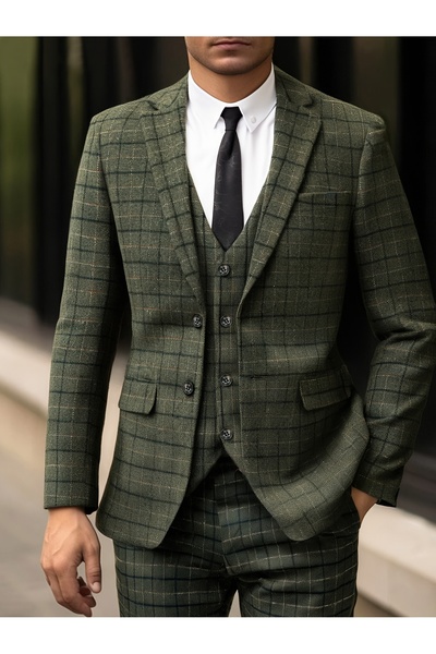 Greneric Men's Olive Green Plaid 3-Piece Slim Fit Suit - Formal Business Wear