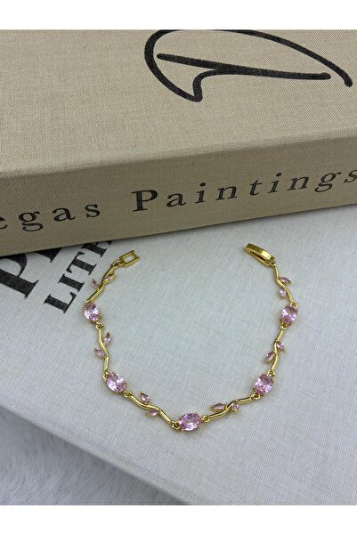 Hedef Bijuteri Gold Color Pink Zircon Stone Leaf Detailed Ivy Bracelet Cm134