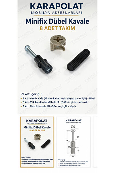 KARAPOLAT Minifix 8'li Takım Set + Minifiks Gövde + Kendinden Dübelli Mil + K...