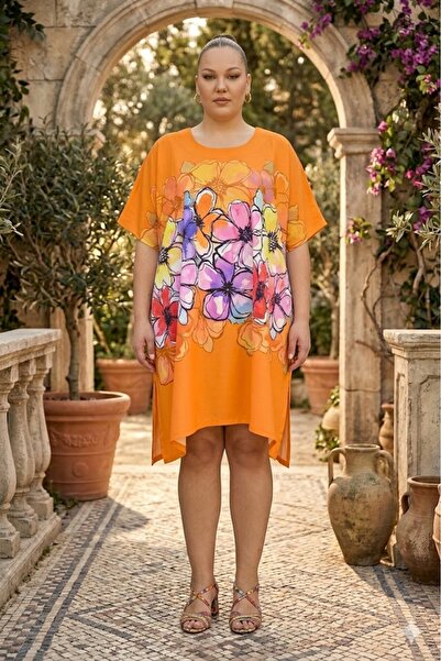DARKWIN Plus Size Crew Neck Floral Print Short Sleeve Women's Dress