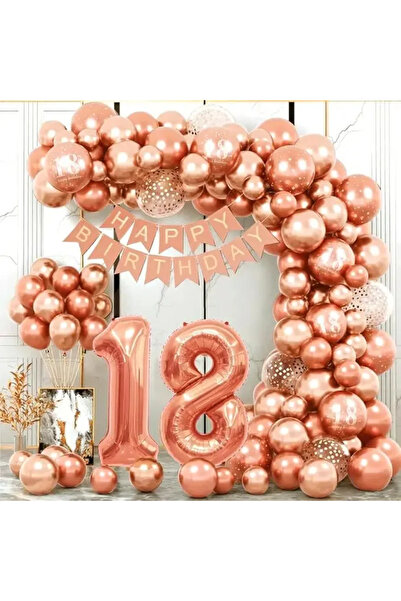 Baloane Vesele Set Arcada Baloane Majorat Rose Gold 79 Piese cu Cifra 18 si B...