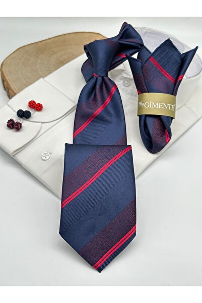 Gutiero Navy Blue Striped Classic Tie with Handkerchief