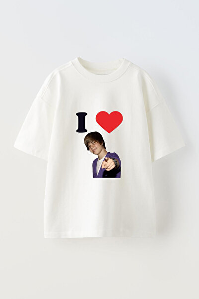 Anetos Tricou supradimensionat din bumbac alb cu imprimeu frontal Justin Bieb...