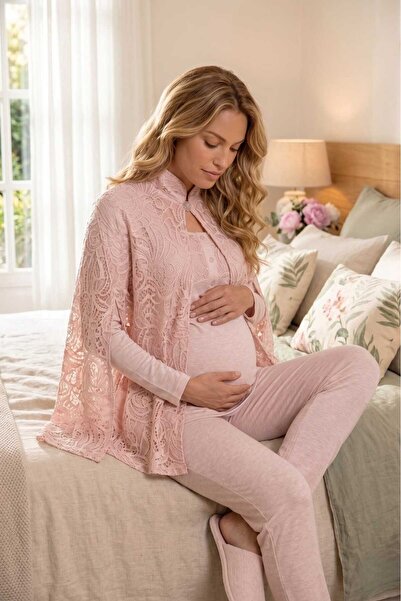 Lohusa Homewear New Season Powder Poncho Lace Dressing Gown with Breastfeedin...
