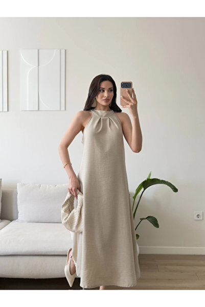 Zoom Butik Halter Yaka Keten Elbise - BEJ