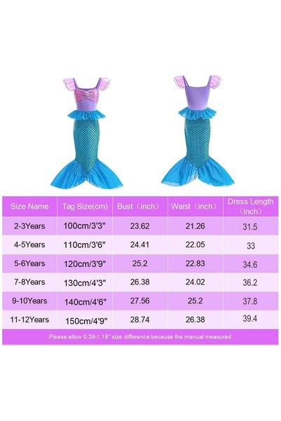 AUTOYSUR Princess Little Mermaid Costume, Princess Dress, Mermaid Tail Fancy Dress Birthday Party Costume for Toddler Little Girls