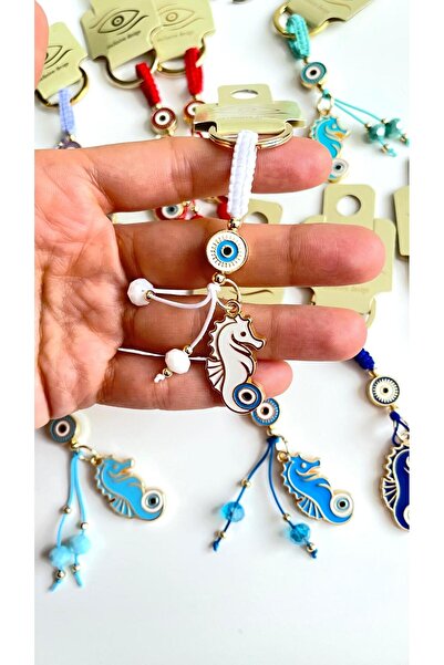 Cassime Red and White Sea Horse Gold Plated Evil Eye Keychain