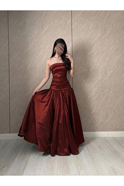 elin Off-Shoulder Satin Wine Red Evening Dress with a Royal Cut