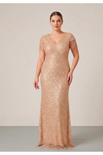 NOVERA DRESS * Novera Gold V Yaka Ay Kol Kristal Boncuk Detaylı Büyük Beden A...
