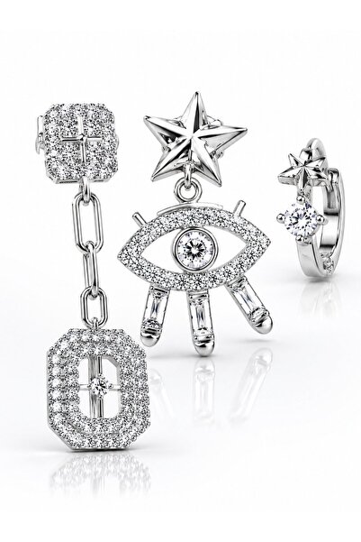 serelya Brass Silver Color Eye and Polar Star Model Ysx Trio Earring Set
