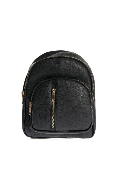meli melo Rucsac negru compact din piele ecologica cu fermoare aurii