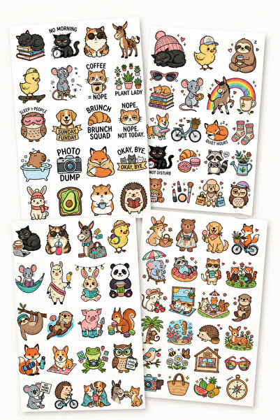 BieneGift Şirin Hayvan Sticker Seti 4 Sayfa, Cute Animals Ajanda, Defter, Jou...
