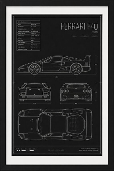 FERRARI F40 Blueprint Line Art | Limited Edition A3 |