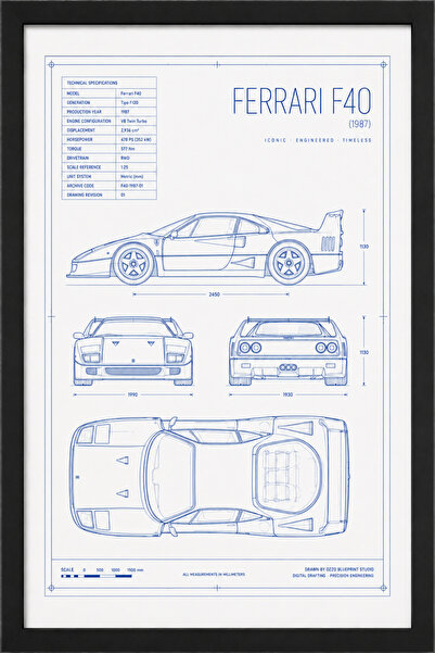 FERRARI F40 Blueprint Line Art | Limited Edition A3 |