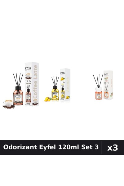Eyfel Top Bottom Set of 3 Room Air Fresheners with Sticks - Coffee, Pineapple...