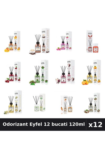 Eyfel Set 12 Odorizante Camera cu Betisoare - 12 Arome Asortate, Mango, Cafea...