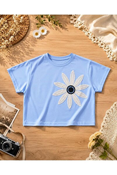 ibeeka Floral Embroidery Detailed T-Shirt - Baby Blue - Brown Color Options A...