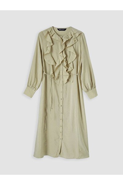LC Waikiki Lcw Modest Crew Neck Ruffled Waist Fitted Dress