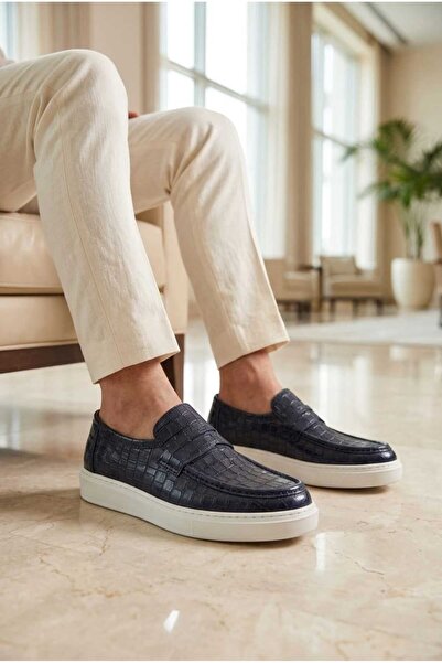 EPTC Navy Blue Crocodile Genuine Leather Men's Sneaker Loafer White Sole Prem...