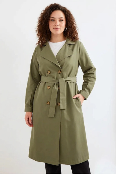 buğrahayalin Women's Double-Breasted Collared Belted Double-Button Khaki Tren...