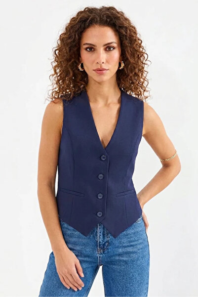Generic Brand Women's V-Neck Regular Belted Short Sleeve Navy Blue Vest