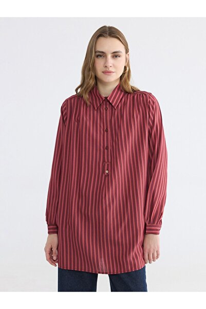 LC Waikiki Lcw Everyday Burgundy Shirt Collar Striped Oversize Women's Tunic