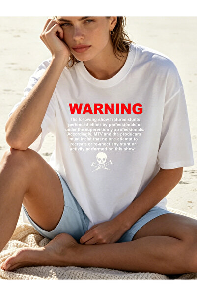 Fleck Womens T Shirts Warning Text Graphic Summer Casual Loose Fit White Top