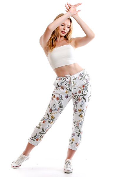 della moor Women's White Italian Floral Patterned Lycra Pants with Elastic Wa...